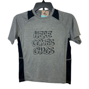 New Hand Printed Boys Medium Heathered Here Comes Chaos Short Sleeve Tee Shirt